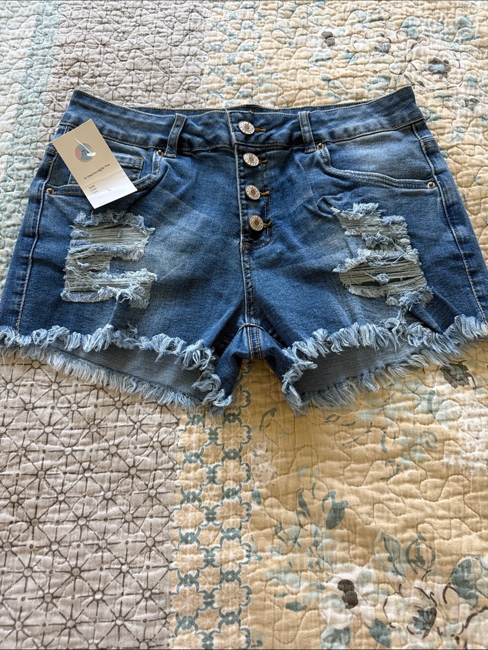 Distressed High-Rise Denim Shorts - Blue